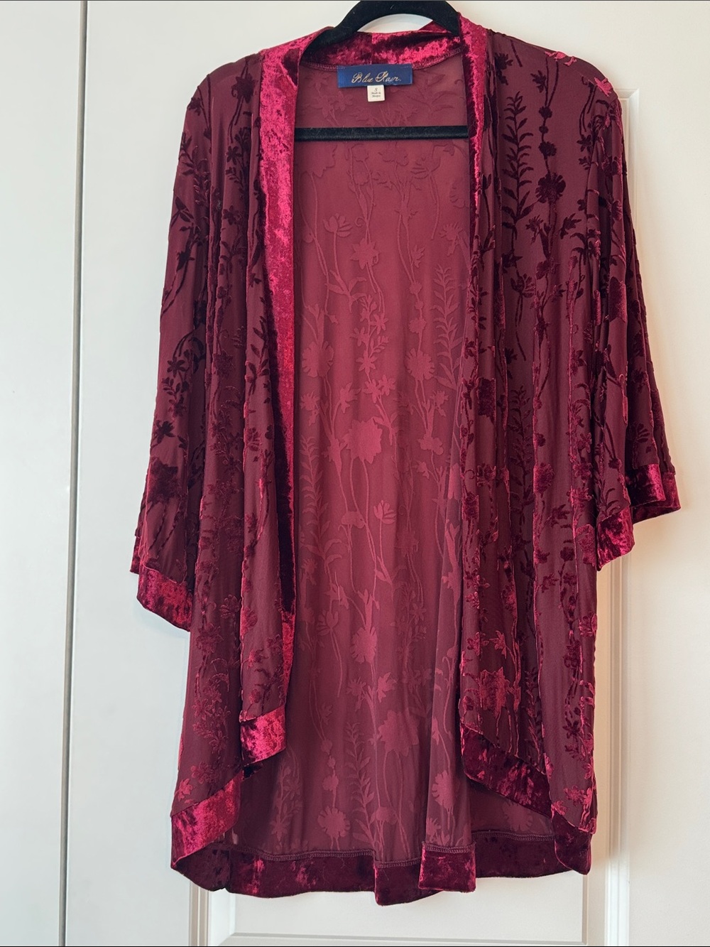 Blue Rain Burgundy Floral Velvet Burnout Kimono Jacket